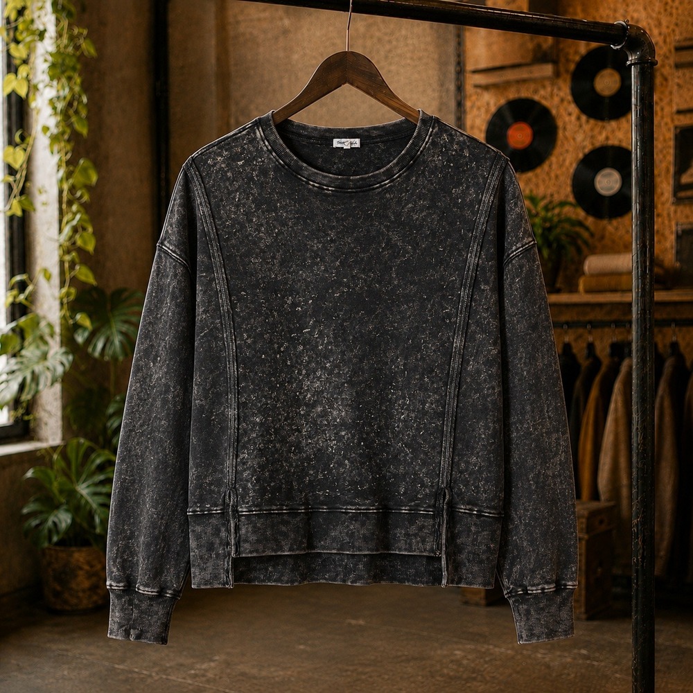 White Birch Acid Wash Oversized Sweatshirt Black Grunge Boxy Pullover Small